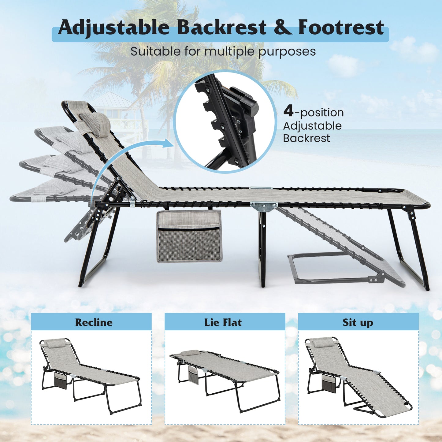 4 Position Folding Chaise, Adjustable Backrest, Footrest, Gray Outdoor Chaise Lounges at Gallery Canada