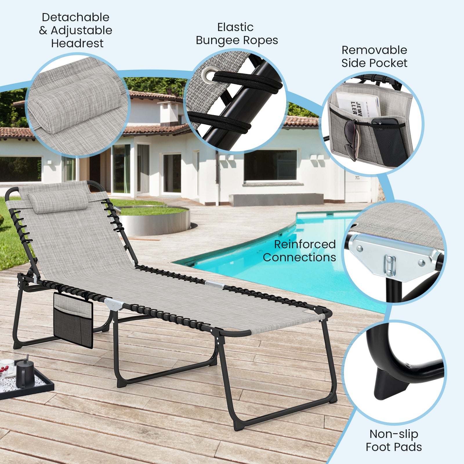 4 Position Folding Chaise, Adjustable Backrest, Footrest, Gray Outdoor Chaise Lounges at Gallery Canada