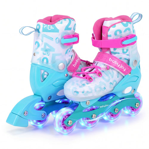 4-Size Adjustable Kids Inline Skates, Light Up Wheels, Pink, Blue