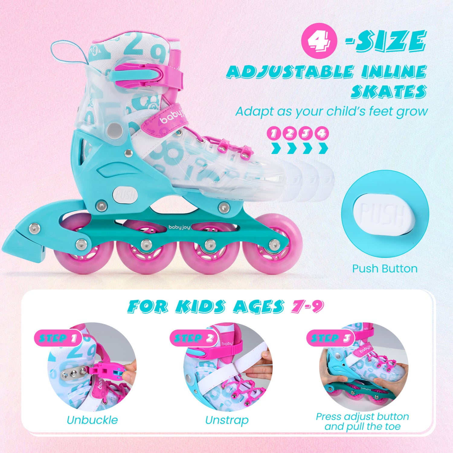 4-Size Adjustable Kids Inline Skates, Light Up Wheels, Pink, Blue Toy Sports at Gallery Canada