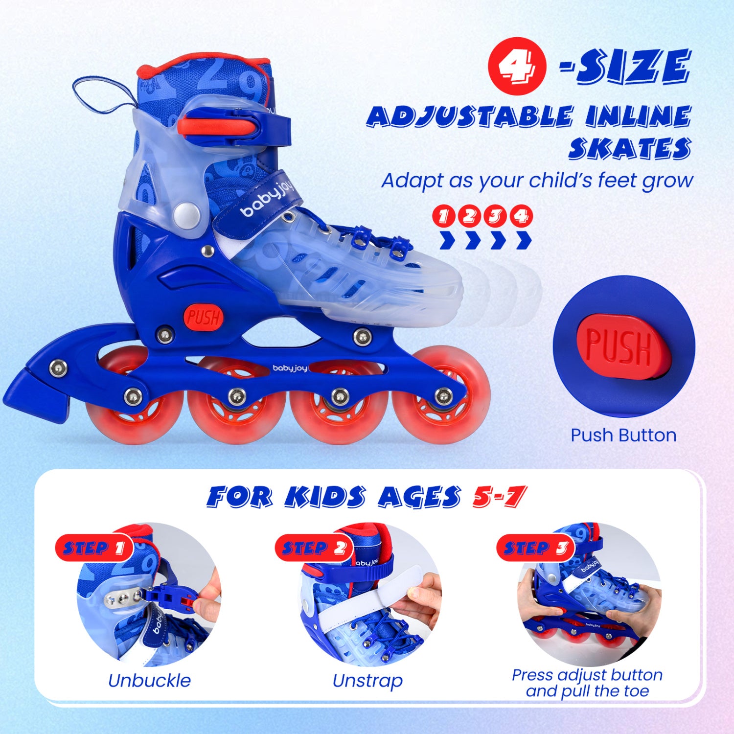 Kids Inline Skates, 4-Size Adjustable, Ages 5-7, Blue Toy Sports at Gallery Canada