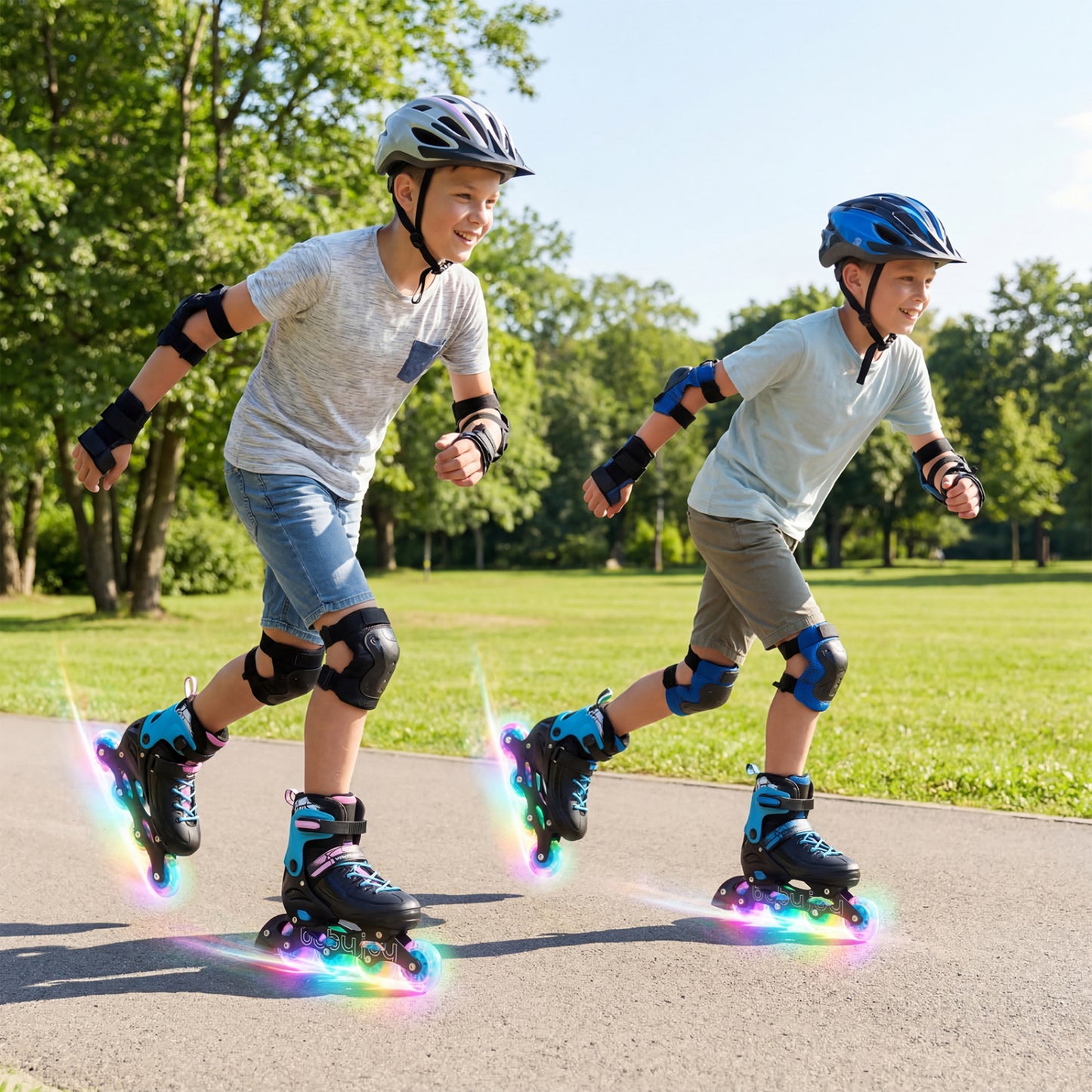 4-Size Adjustable Light-Up Kids Inline Skates, Black