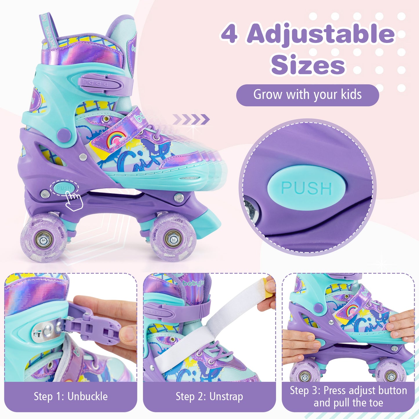 4 Sizes Adjustable Kids Roller Skates with Light-up Wheels and Safety Protection M Size, Purple Toy Sports at Gallery Canada