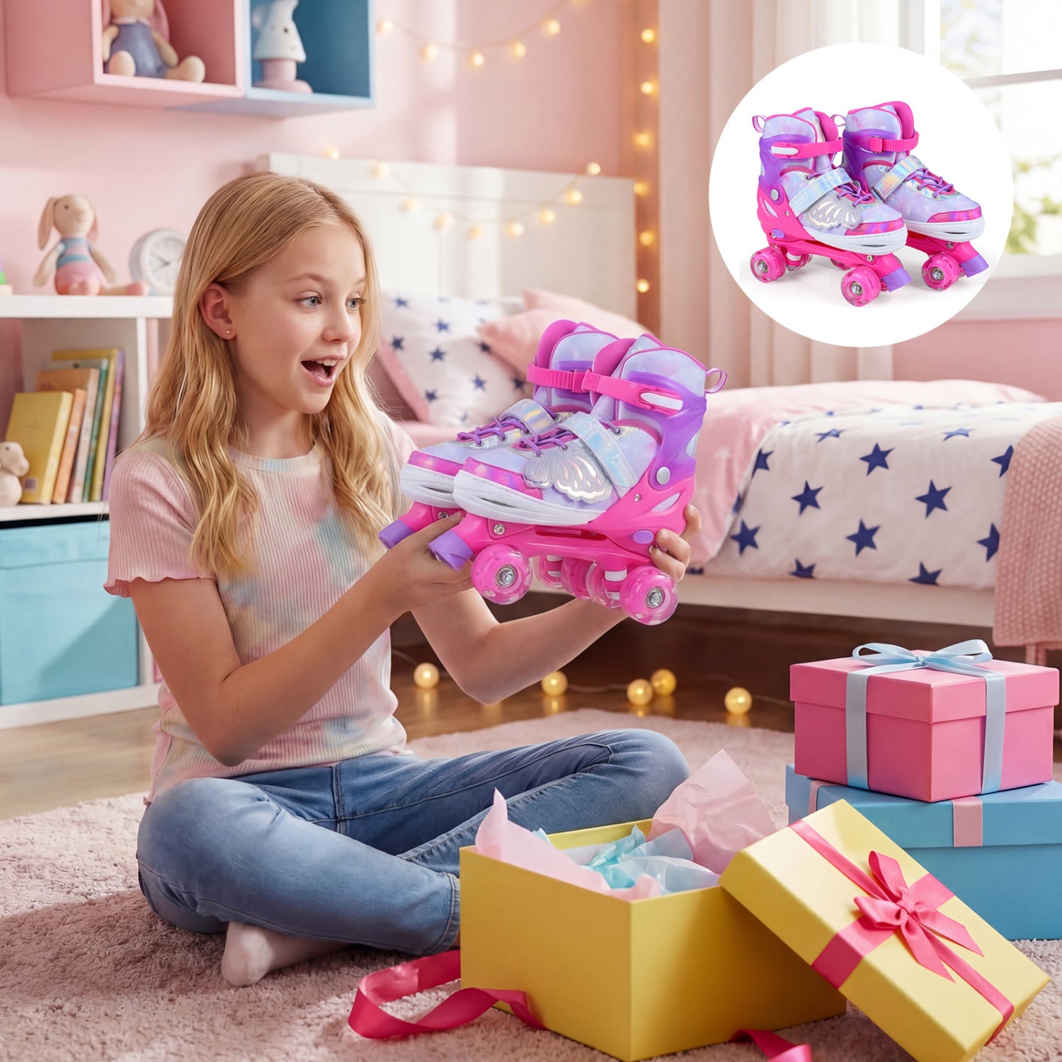 Adjustable Kids Roller Skates, Ages 9-14, Light-Up Wheels, Pink Toy Sports at Gallery Canada