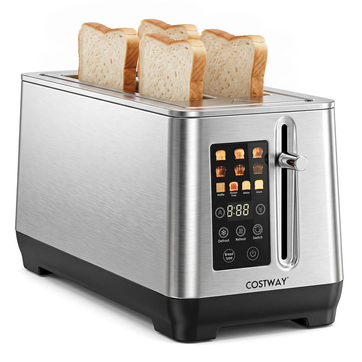 4 Slice Toaster, 6 Browning Levels, 4 Bread Types, Silver