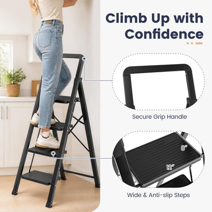 4 Step Folding Step Stool, Wide Anti-slip Pedals, Black