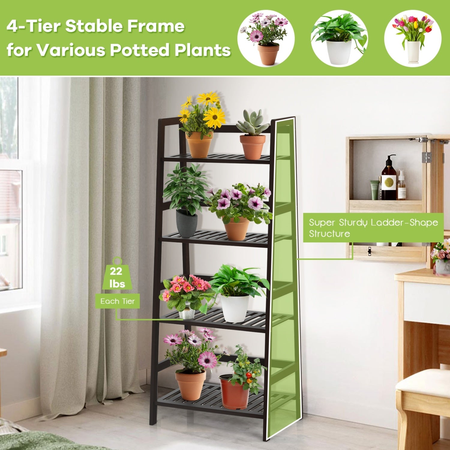 4-Tier Bamboo Plant Rack With Guardrails, Brown Bookcases at Gallery Canada