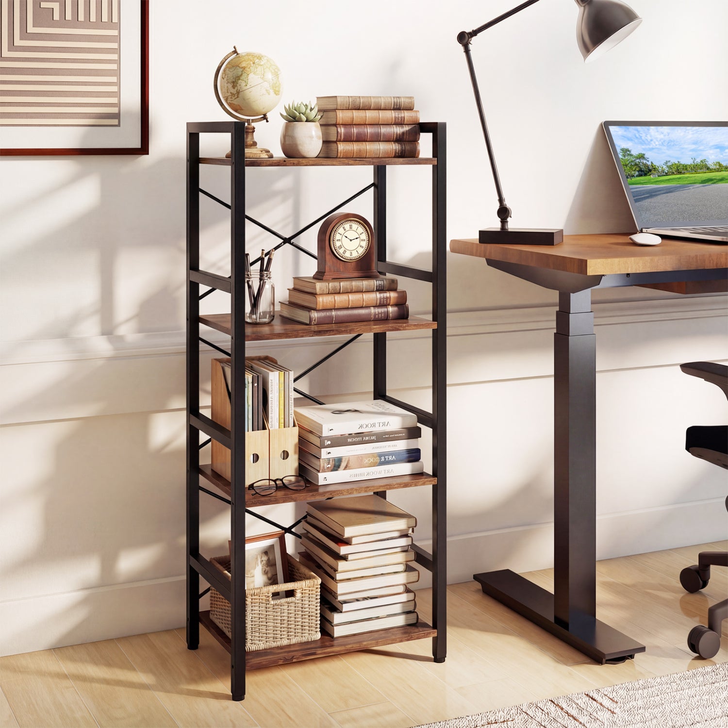 4-Tier Narrow Bookshelf, Freestanding, Metal Frame, Rustic Brown Bookcases at Gallery Canada