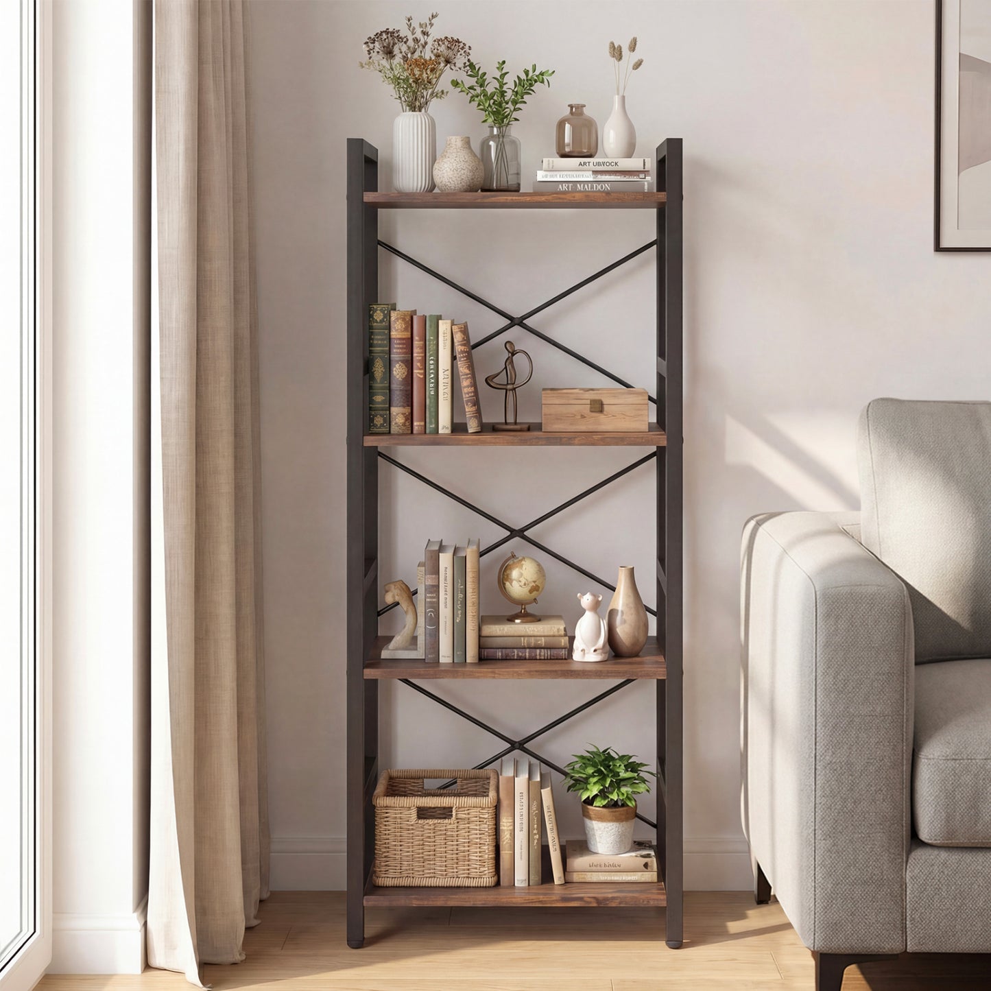 4-Tier Narrow Bookshelf, Freestanding, Metal Frame, Rustic Brown Bookcases at Gallery Canada