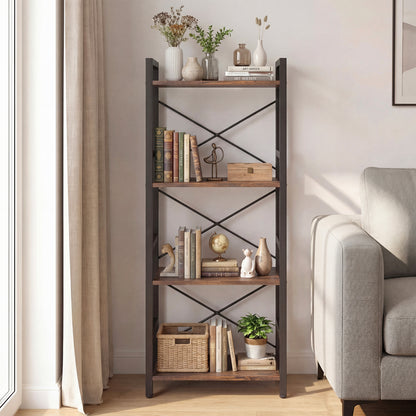 4-Tier Narrow Bookshelf, Freestanding, Metal Frame, Rustic Brown Bookcases at Gallery Canada
