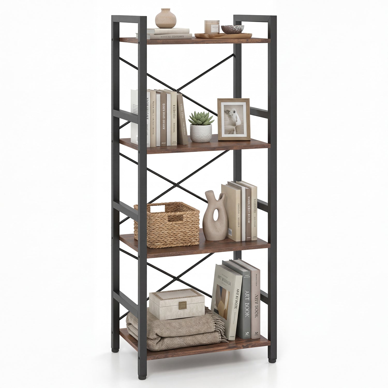 4-Tier Narrow Bookshelf, Freestanding, Metal Frame, Rustic Brown Bookcases at Gallery Canada
