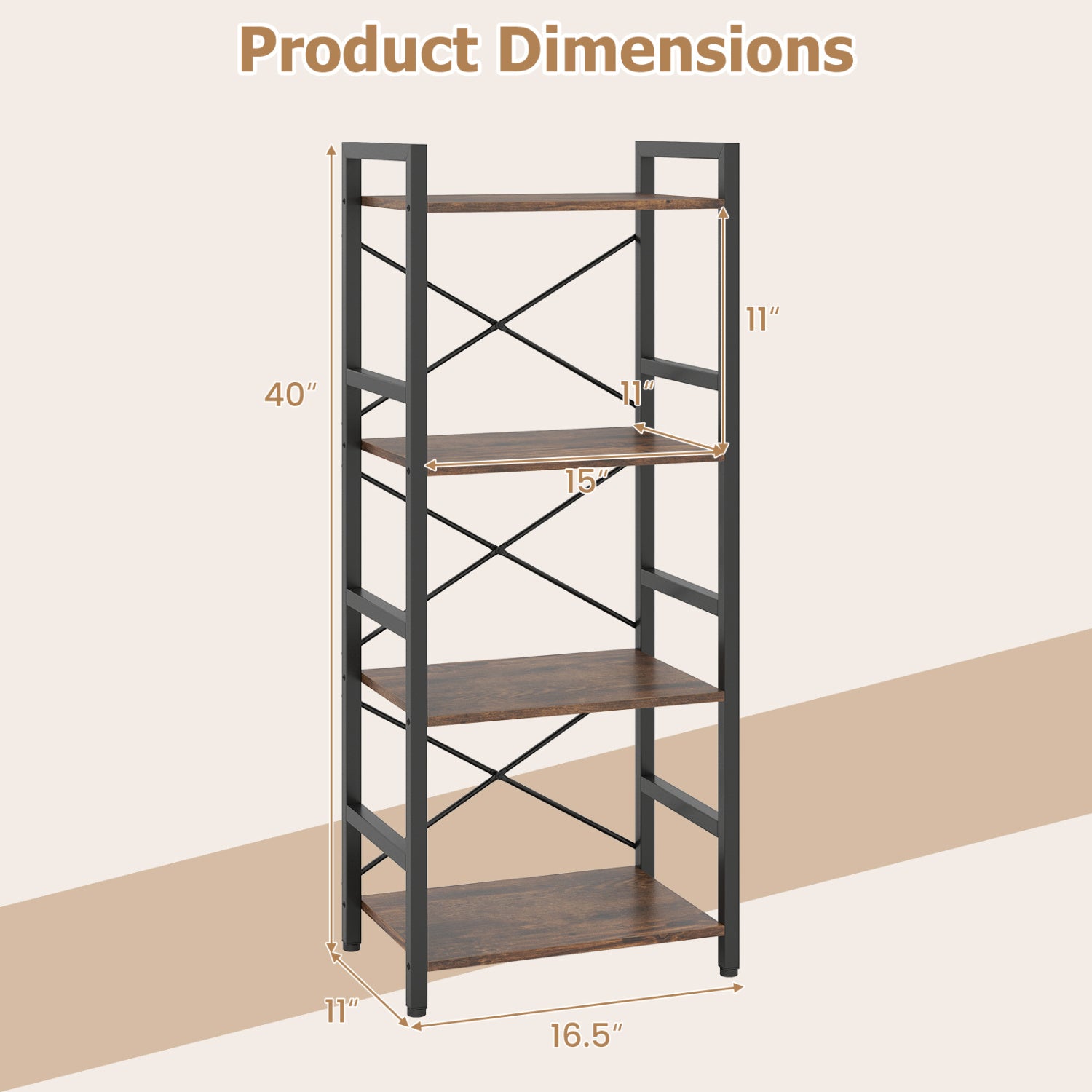 4-Tier Narrow Bookshelf, Freestanding, Metal Frame, Rustic Brown Bookcases at Gallery Canada
