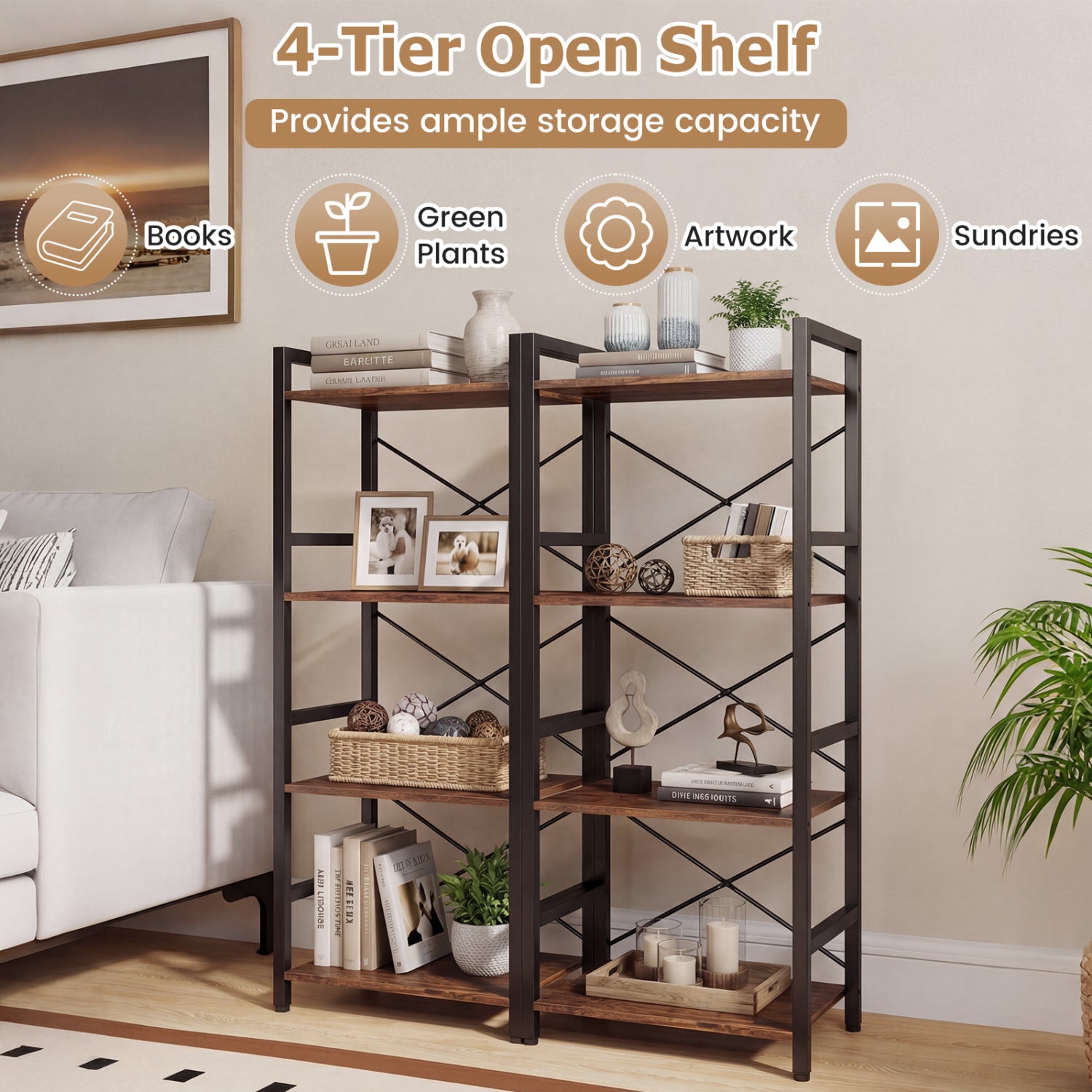 4-Tier Narrow Bookshelf, Freestanding, Metal Frame, Rustic Brown Bookcases at Gallery Canada