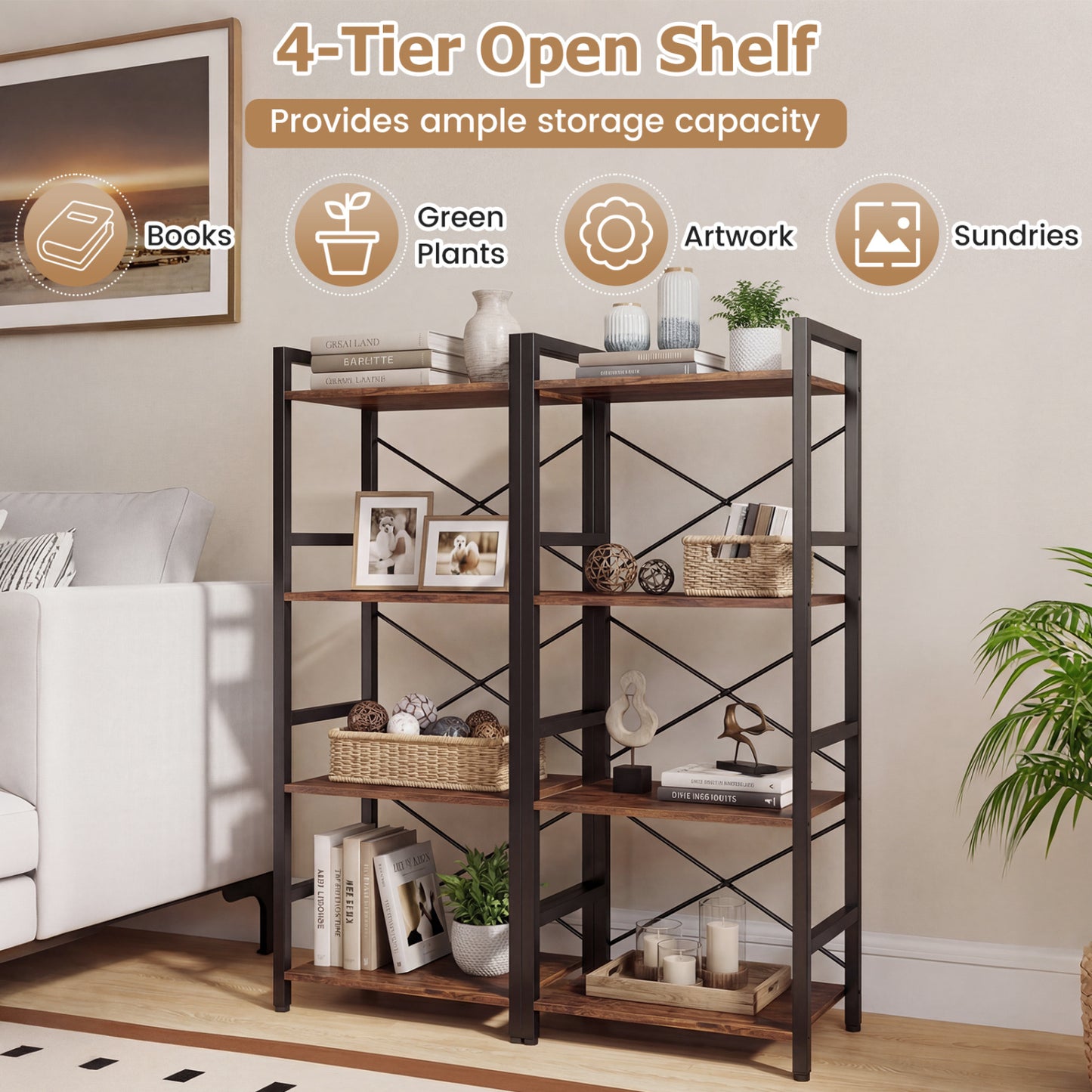 4-Tier Narrow Bookshelf, Freestanding, Metal Frame, Rustic Brown Bookcases at Gallery Canada