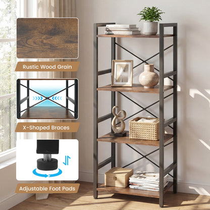 4-Tier Narrow Bookshelf, Freestanding, Metal Frame, Rustic Brown Bookcases at Gallery Canada