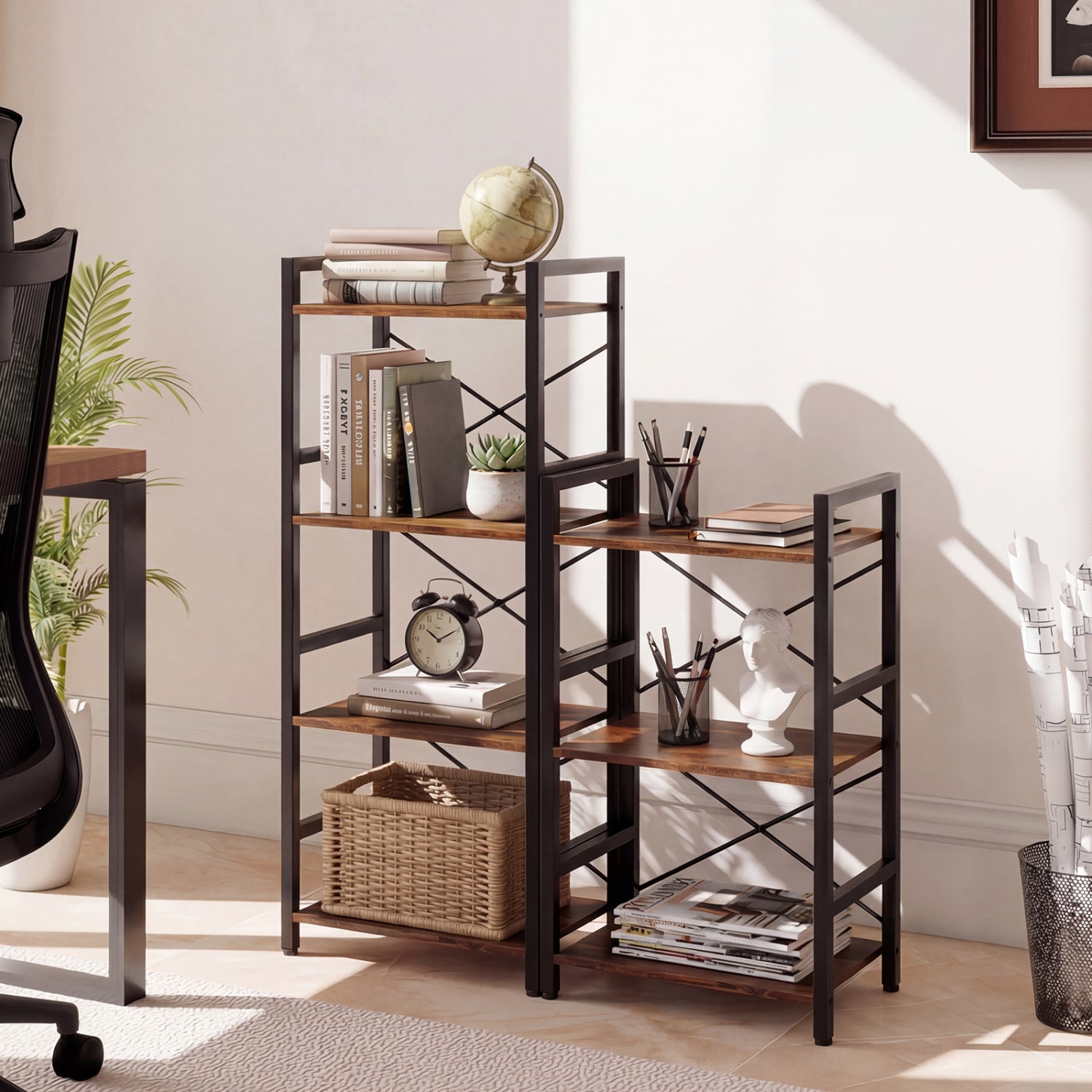 4-Tier Narrow Bookshelf, Freestanding, Metal Frame, Rustic Brown Bookcases at Gallery Canada