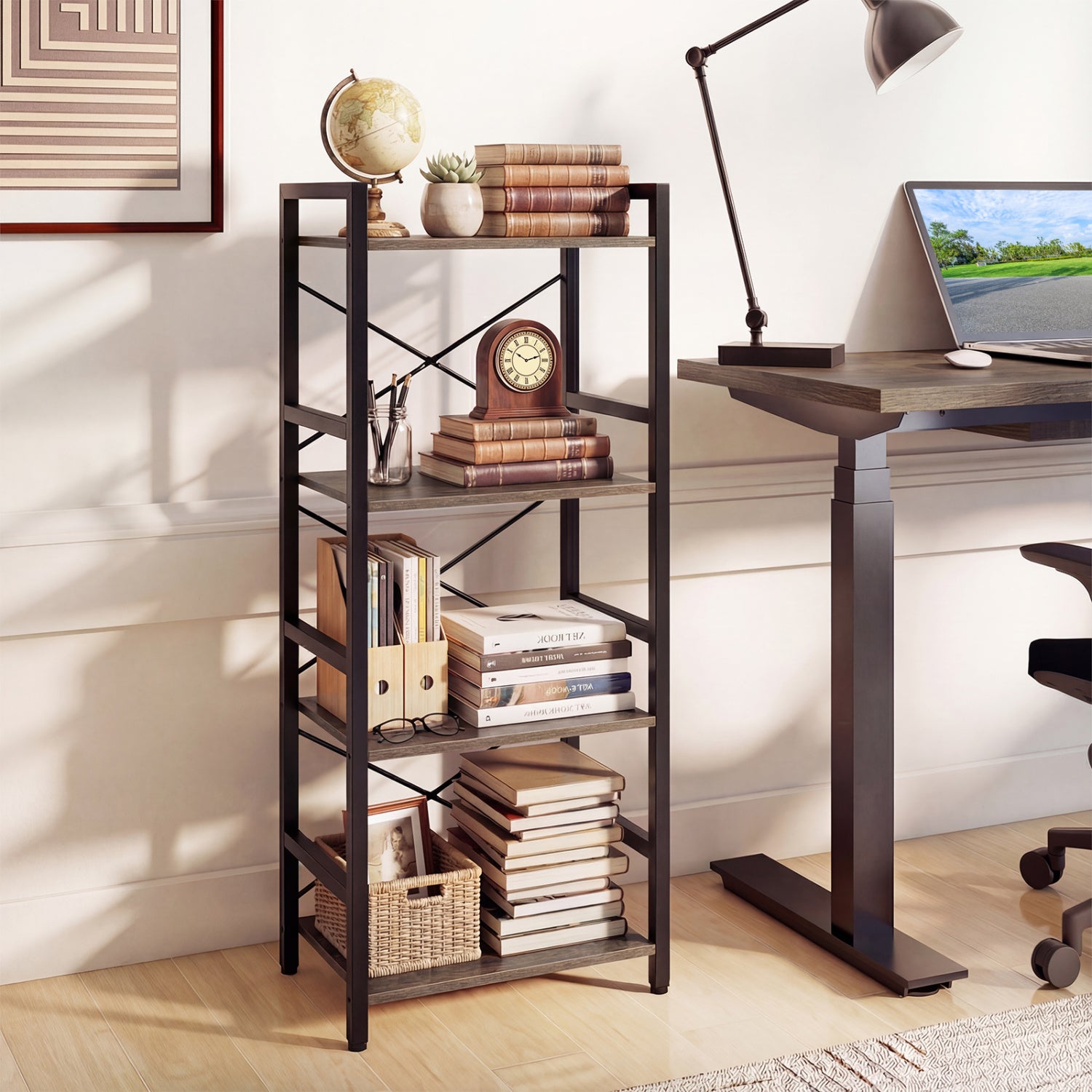 4-Tier Narrow Bookshelf with Metal Frame, Oak Bookcases at Gallery Canada