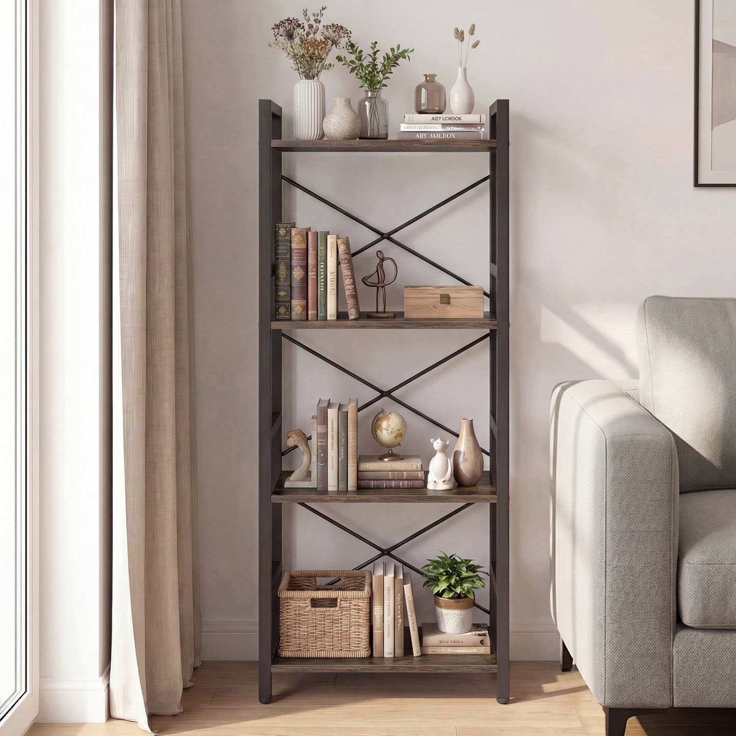 4-Tier Narrow Bookshelf with Metal Frame, Oak Bookcases at Gallery Canada
