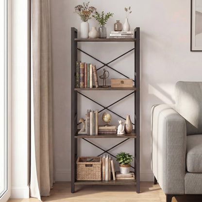4-Tier Narrow Bookshelf with Metal Frame, Oak Bookcases at Gallery Canada
