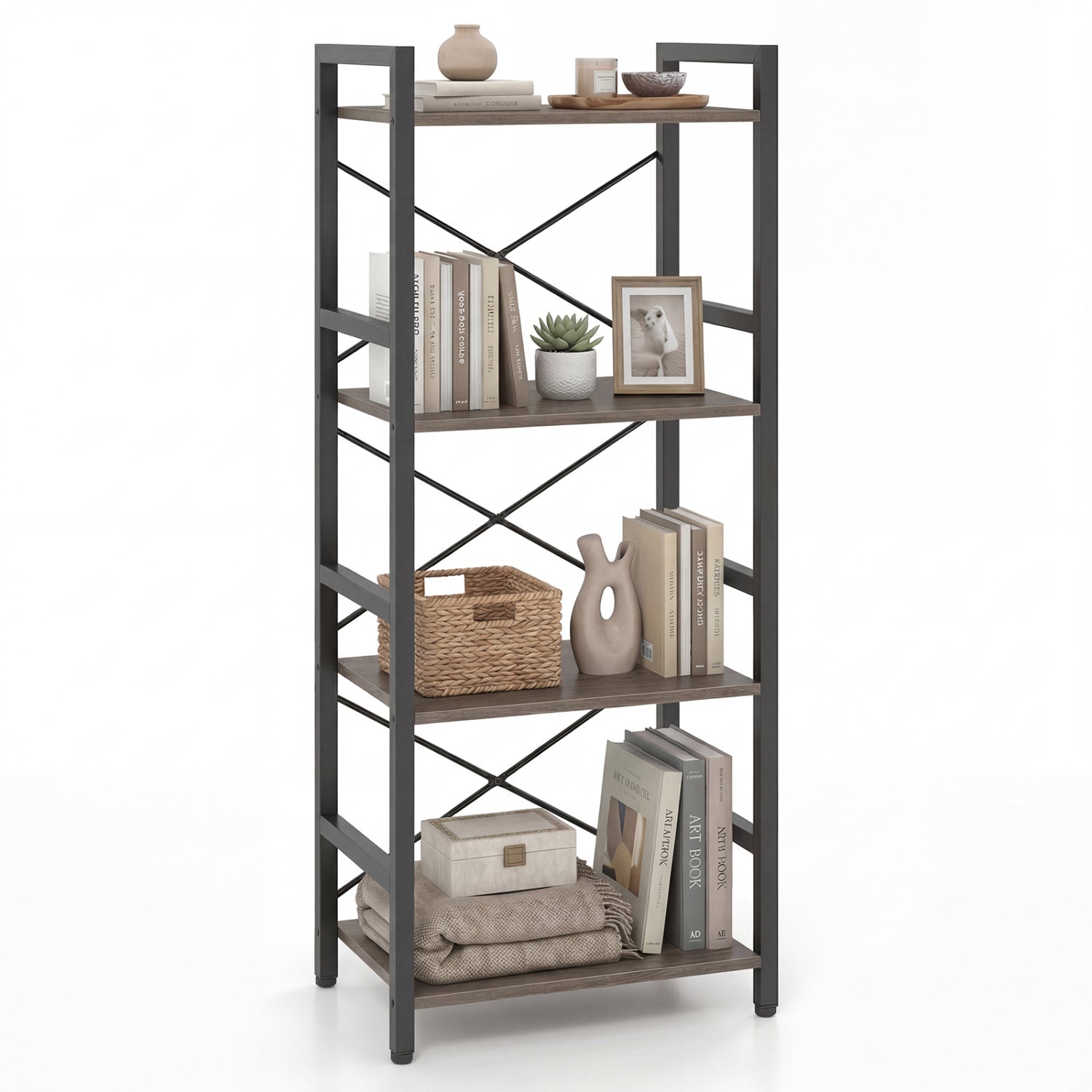 4-Tier Narrow Bookshelf with Metal Frame, Oak Bookcases Oak at Gallery Canada