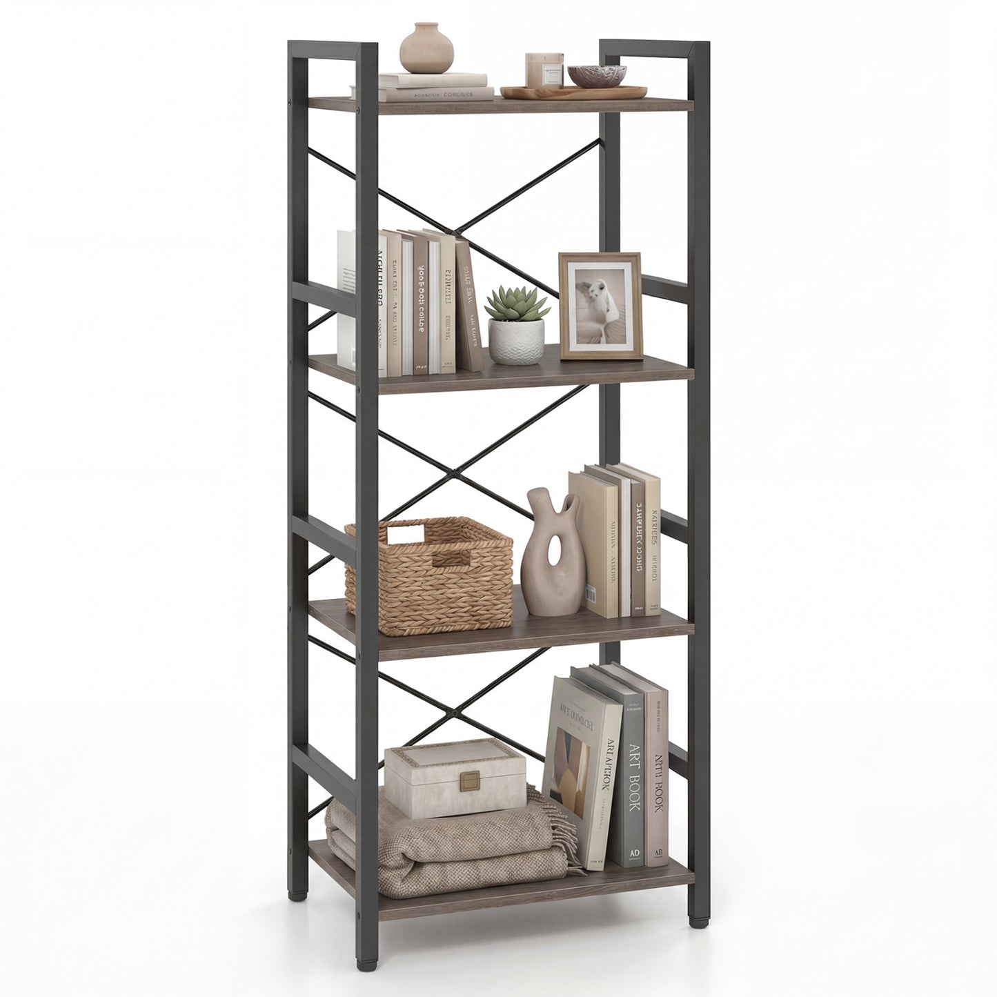 4-Tier Narrow Bookshelf with Metal Frame, Oak Bookcases Oak at Gallery Canada