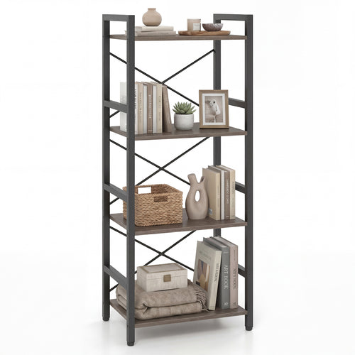4-Tier Narrow Bookshelf with Metal Frame, Oak