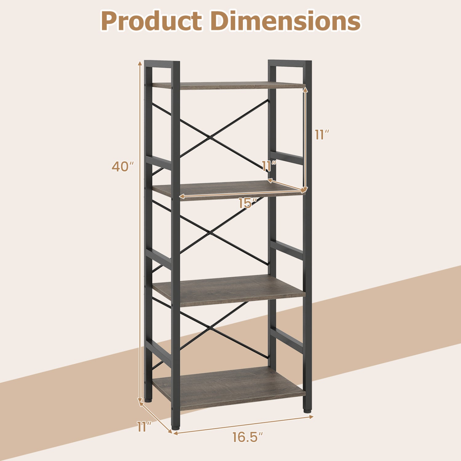 4-Tier Narrow Bookshelf with Metal Frame, Oak Bookcases at Gallery Canada