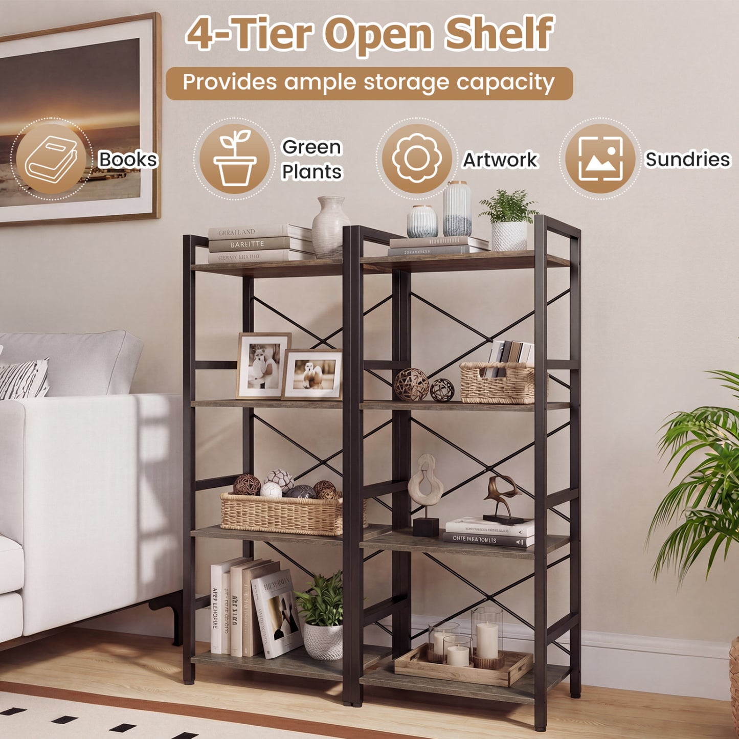 4-Tier Narrow Bookshelf with Metal Frame, Oak Bookcases at Gallery Canada