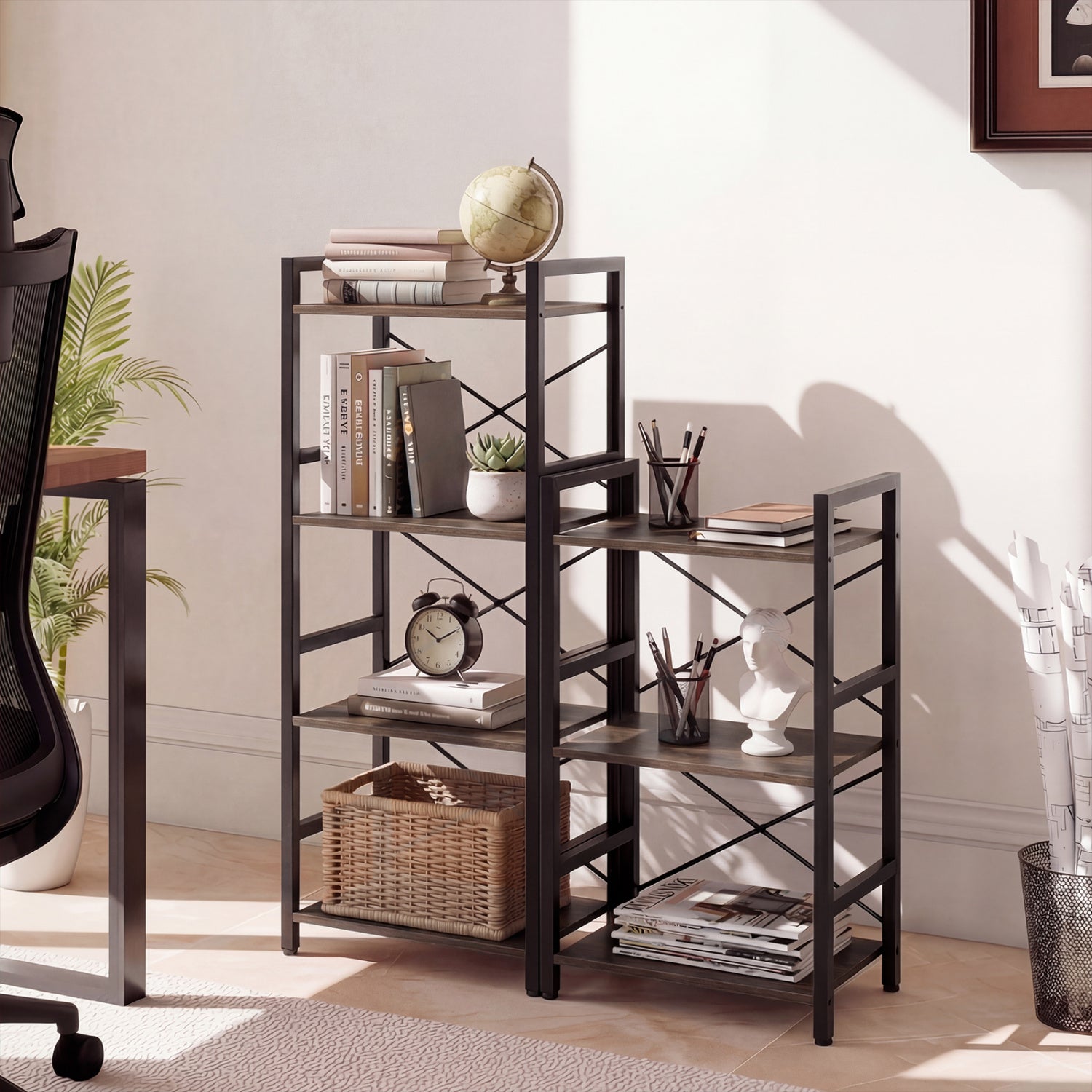 4-Tier Narrow Bookshelf with Metal Frame, Oak Bookcases at Gallery Canada