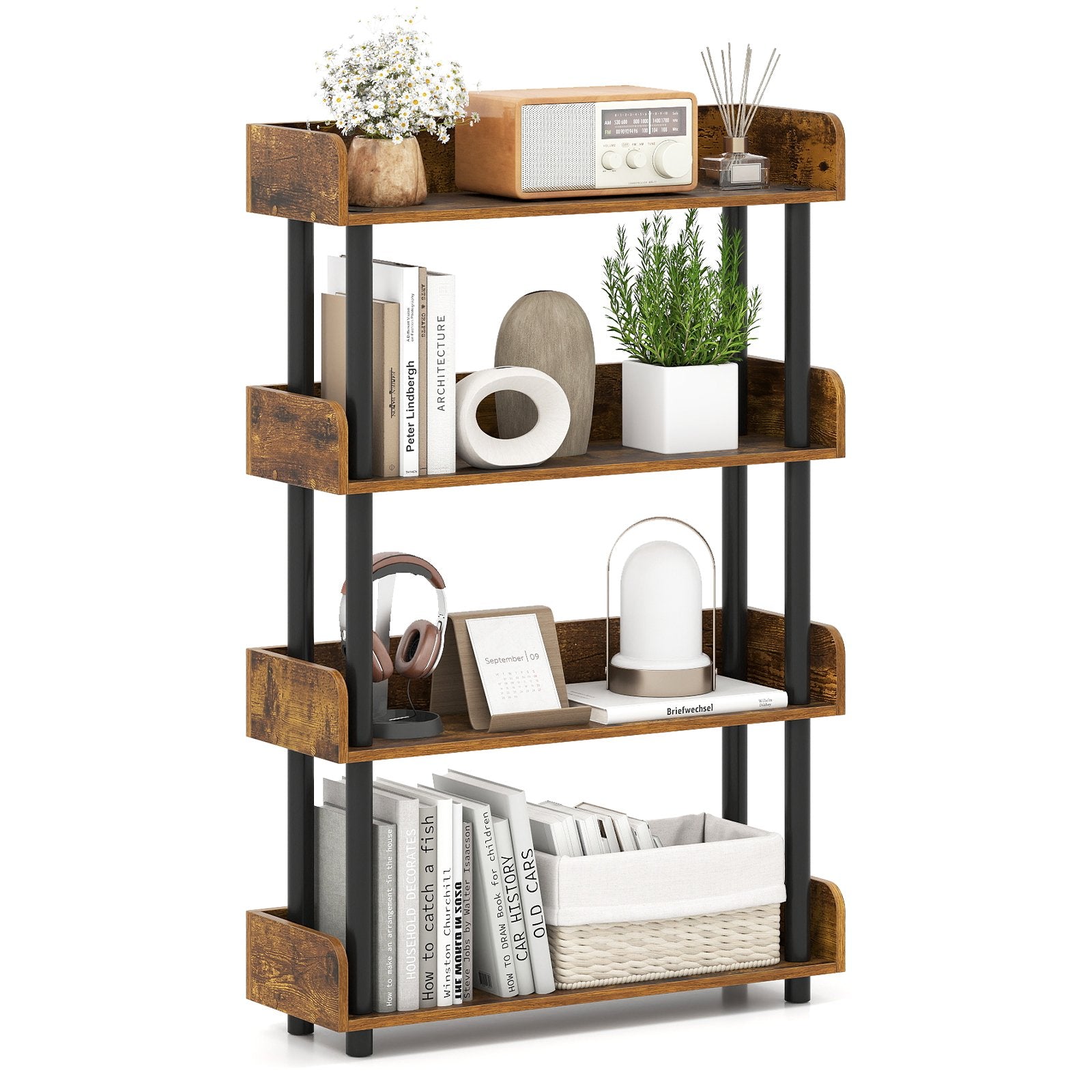 4-Tier Bookshelf Open Bookcase with Anti-Tipping Kit Industrial Storage Unit, Rustic Brown Bookcases Rustic Brown at Gallery Canada