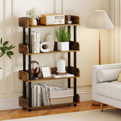 4-Tier Bookshelf Open Bookcase with Anti-Tipping Kit Industrial Storage Unit, Rustic Brown