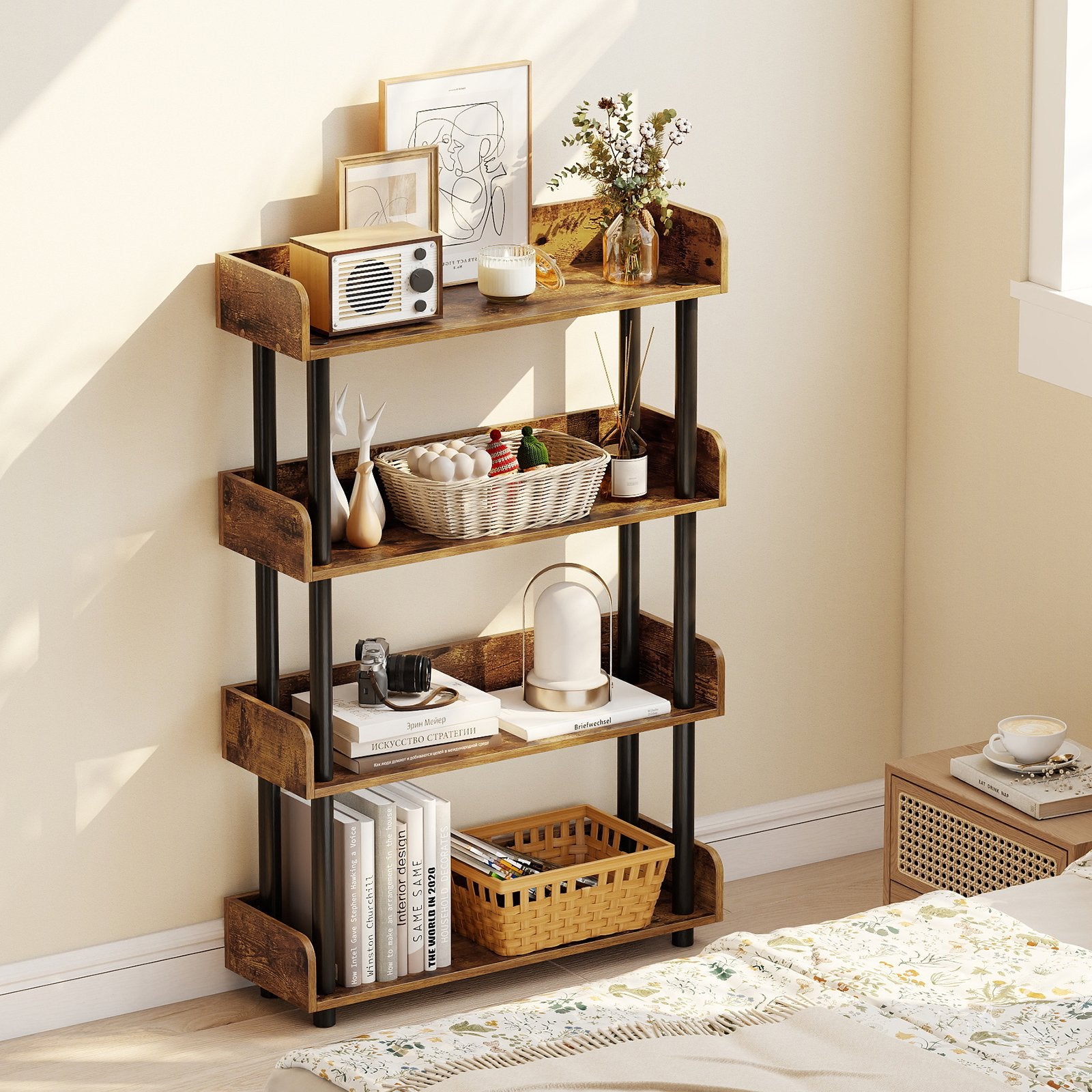 4-Tier Bookshelf Open Bookcase with Anti-Tipping Kit Industrial Storage Unit, Rustic Brown Bookcases at Gallery Canada