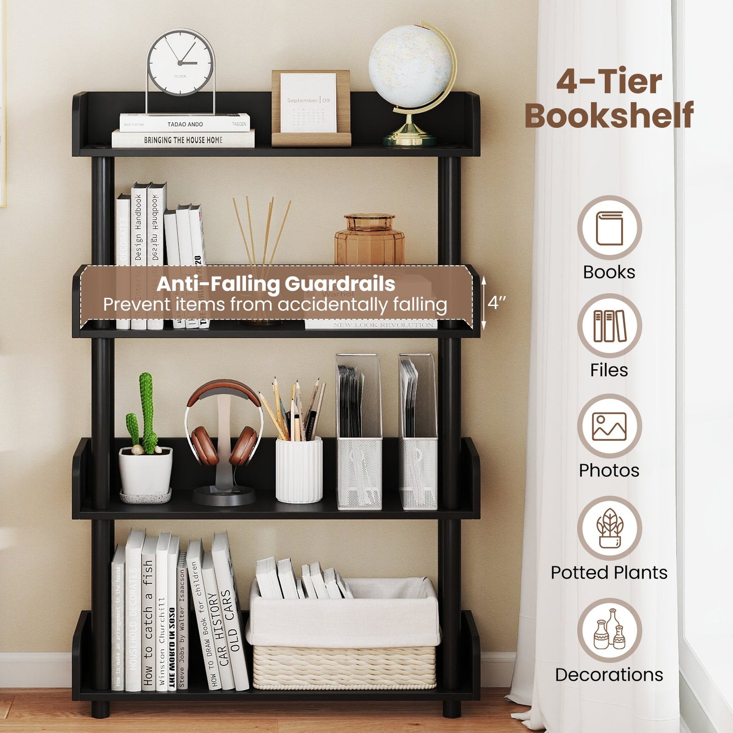 4-Tier Bookshelf Open Bookcase with Anti-Tipping Kit Industrial Storage Unit, Black Bookcases at Gallery Canada