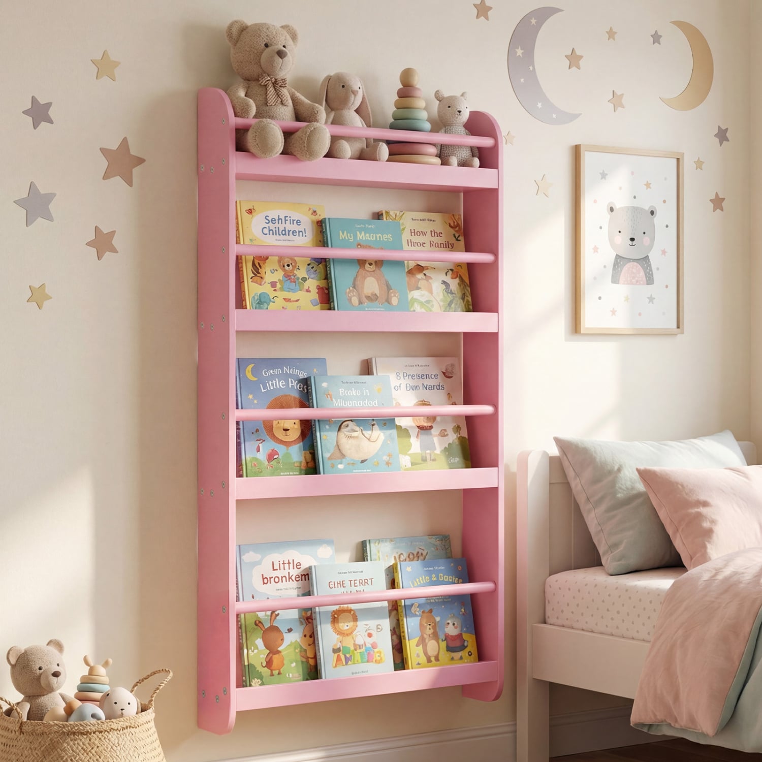 4-Tier Bookshelf Organizer for Toys and Books with Basswood Crossbar, Pink Bookcases at Gallery Canada