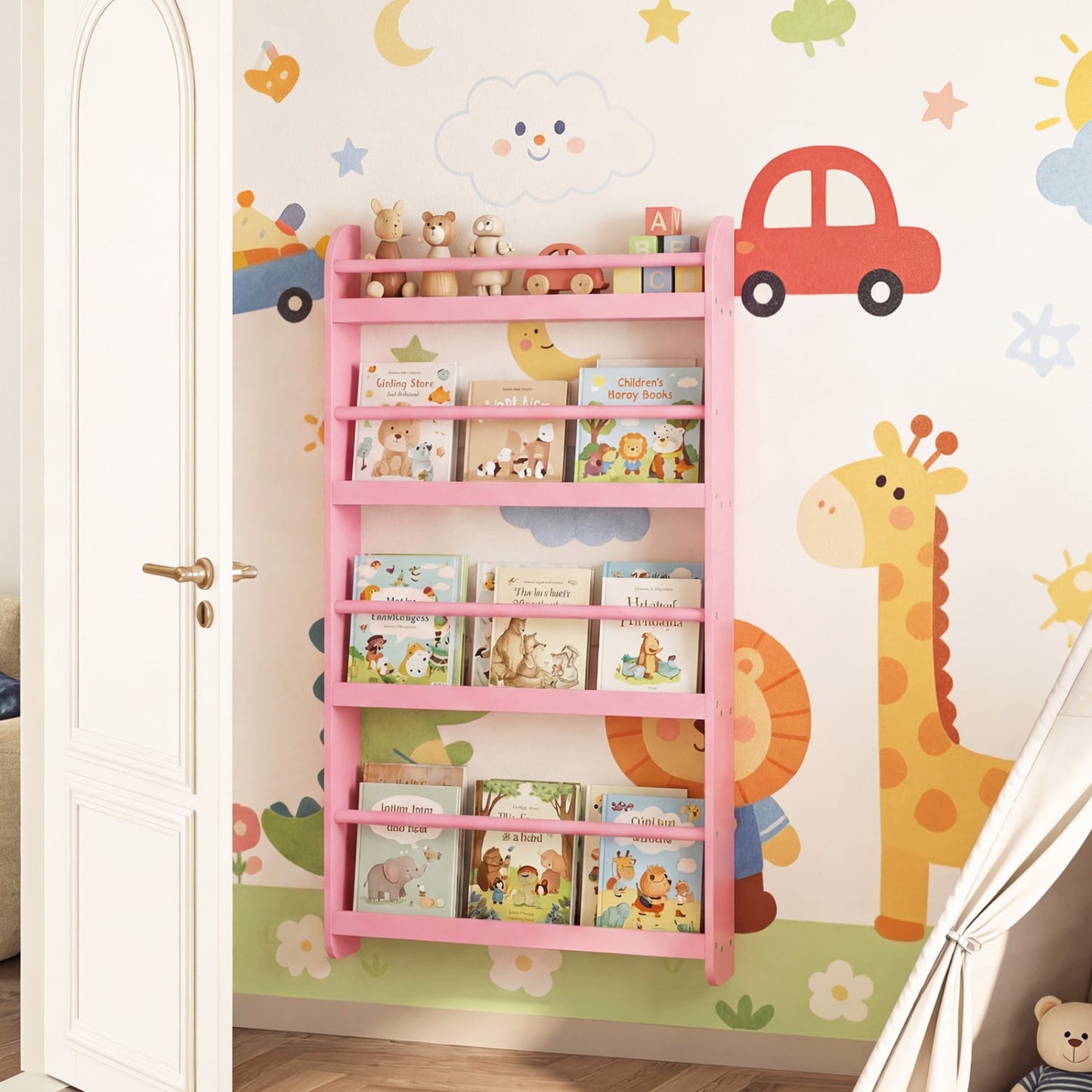 4-Tier Bookshelf Organizer for Toys and Books with Basswood Crossbar, Pink Bookcases at Gallery Canada