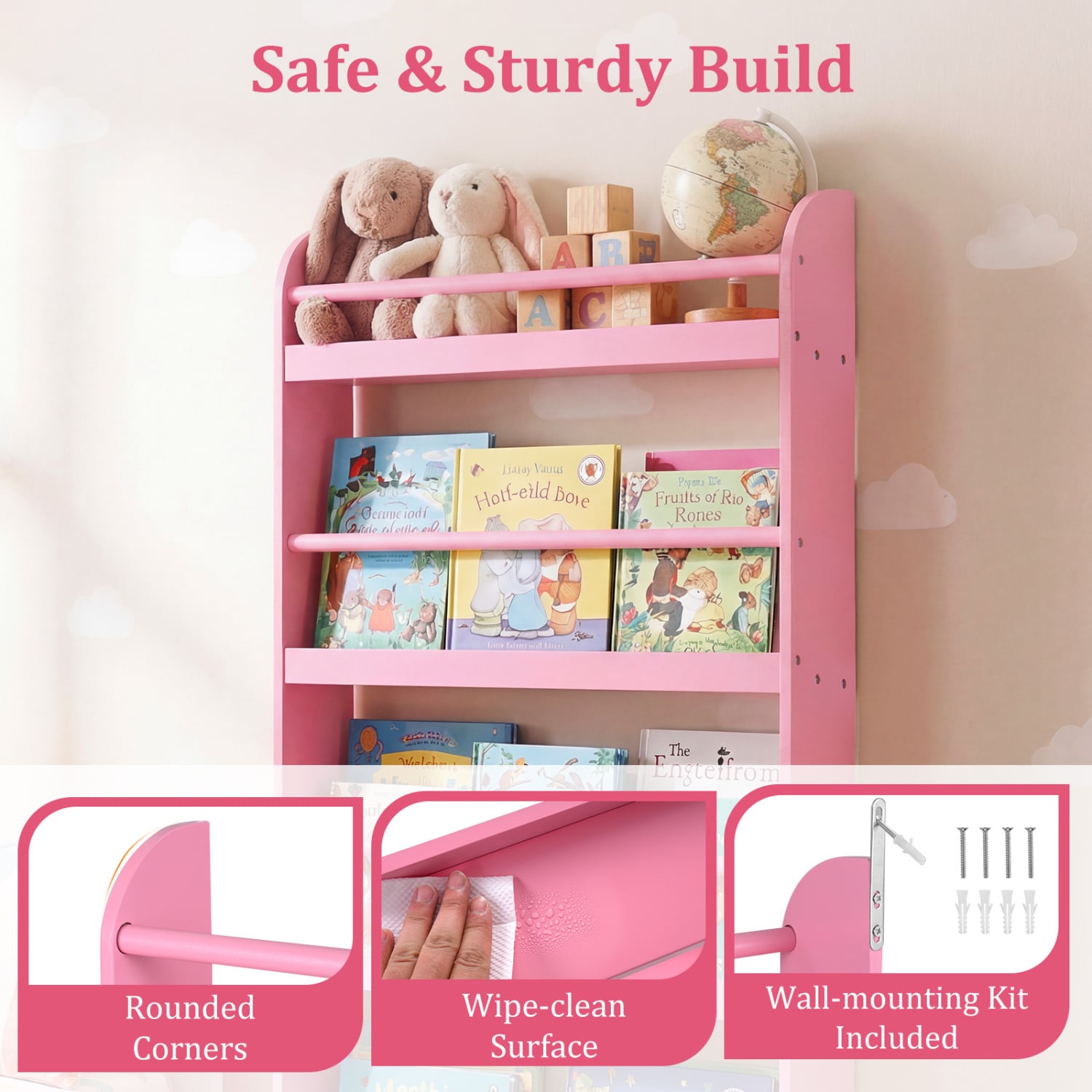 4-Tier Bookshelf Organizer for Toys and Books with Basswood Crossbar, Pink Bookcases at Gallery Canada