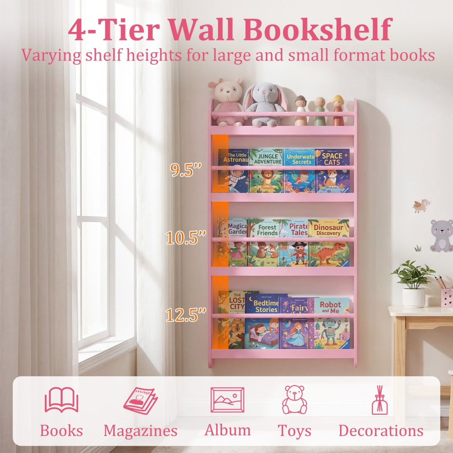 4-Tier Bookshelf Organizer for Toys and Books with Basswood Crossbar, Pink Bookcases at Gallery Canada