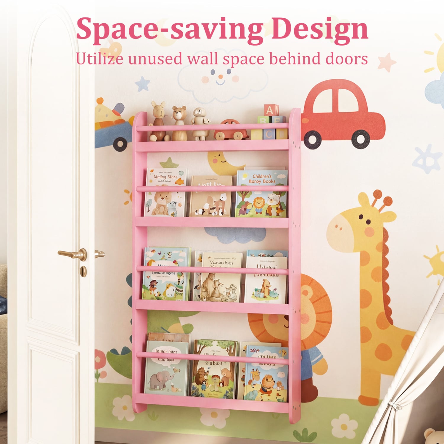 4-Tier Bookshelf Organizer for Toys and Books with Basswood Crossbar, Pink Bookcases at Gallery Canada
