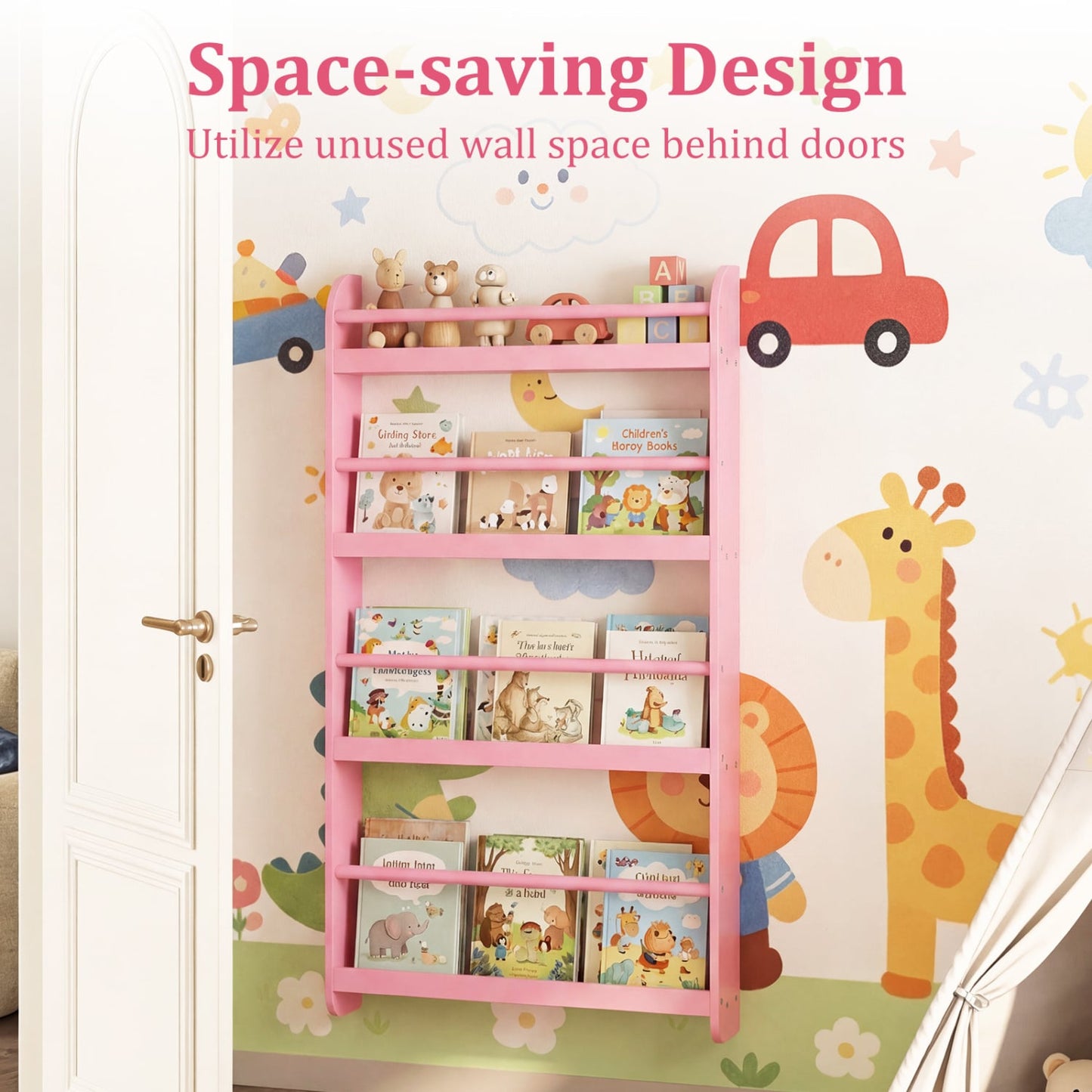 4-Tier Bookshelf Organizer for Toys and Books with Basswood Crossbar, Pink Bookcases at Gallery Canada