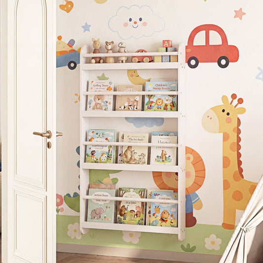 4-Tier Bookshelf Organizer for Toys and Books with Basswood Crossbar, White Bookcases White at Gallery Canada
