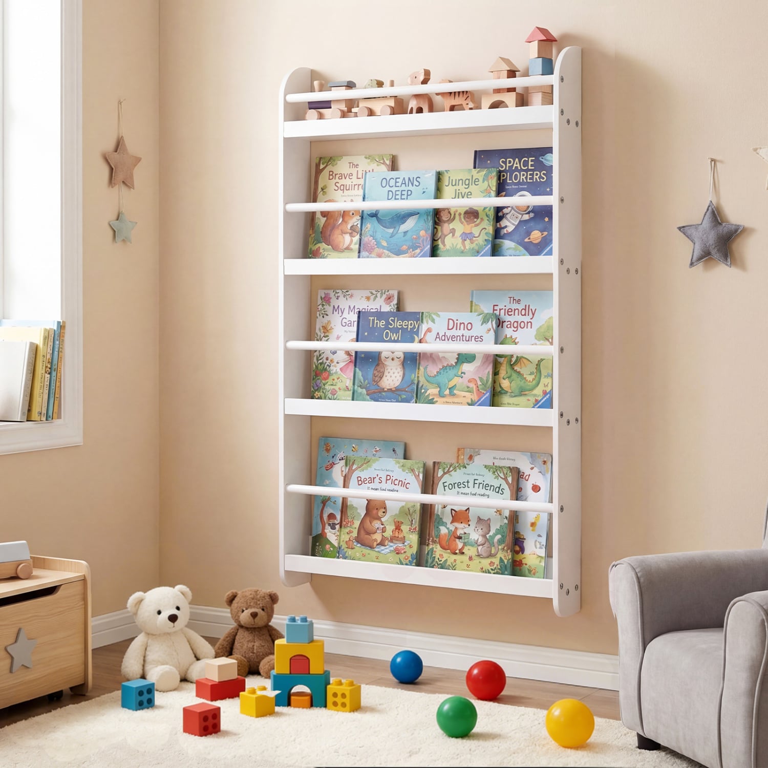 4-Tier Bookshelf Organizer for Toys and Books with Basswood Crossbar, White Bookcases at Gallery Canada