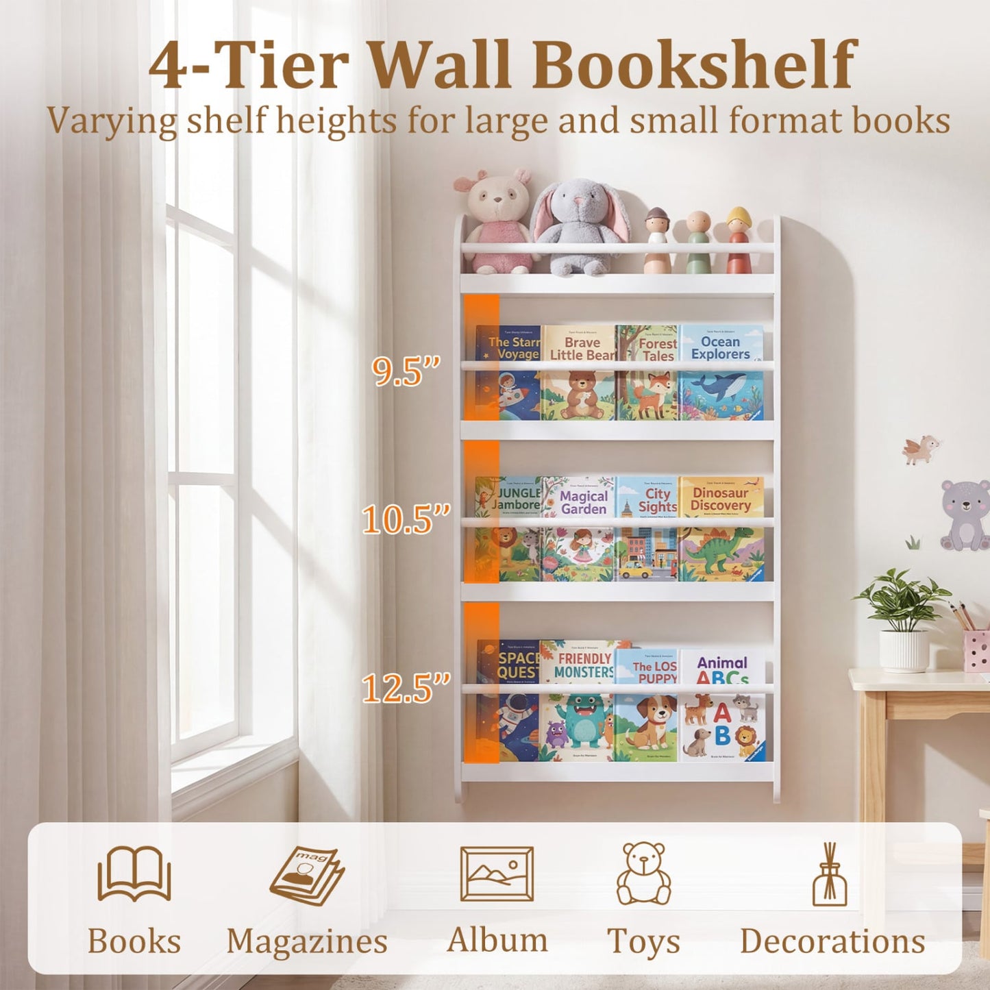 4-Tier Bookshelf Organizer for Toys and Books with Basswood Crossbar, White Bookcases at Gallery Canada