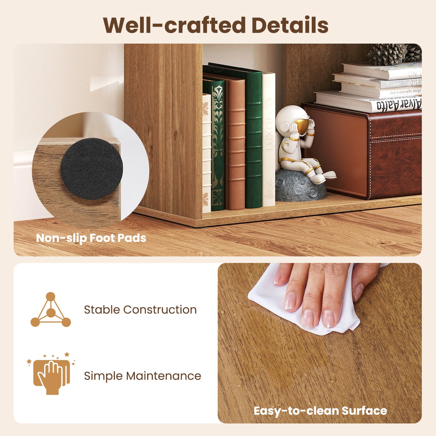 4-Tier Bookshelf Stair Bookcase, 6 Cube Display Rack, Natural