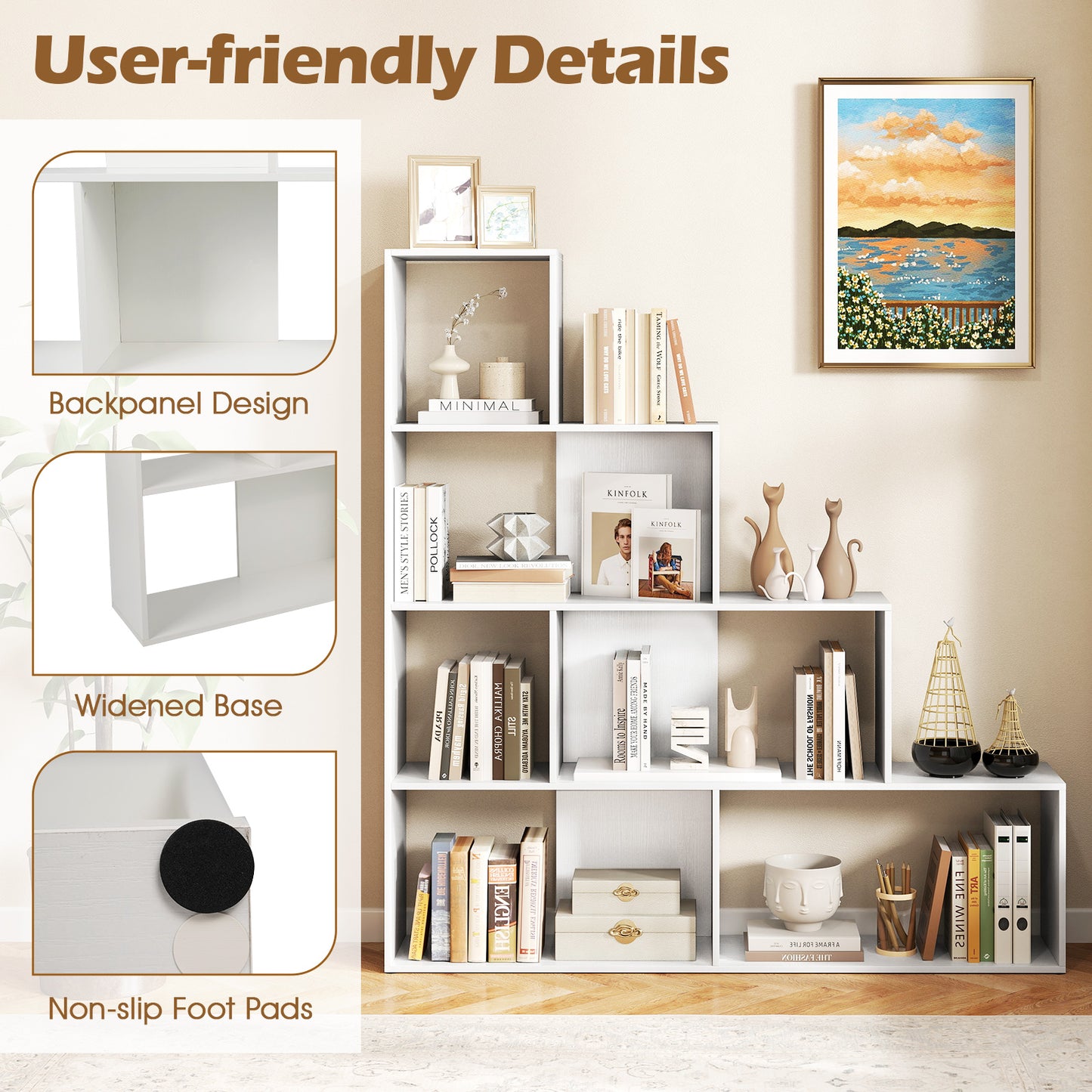 4-Tier Bookshelf, 6 Cube Display Rack, White