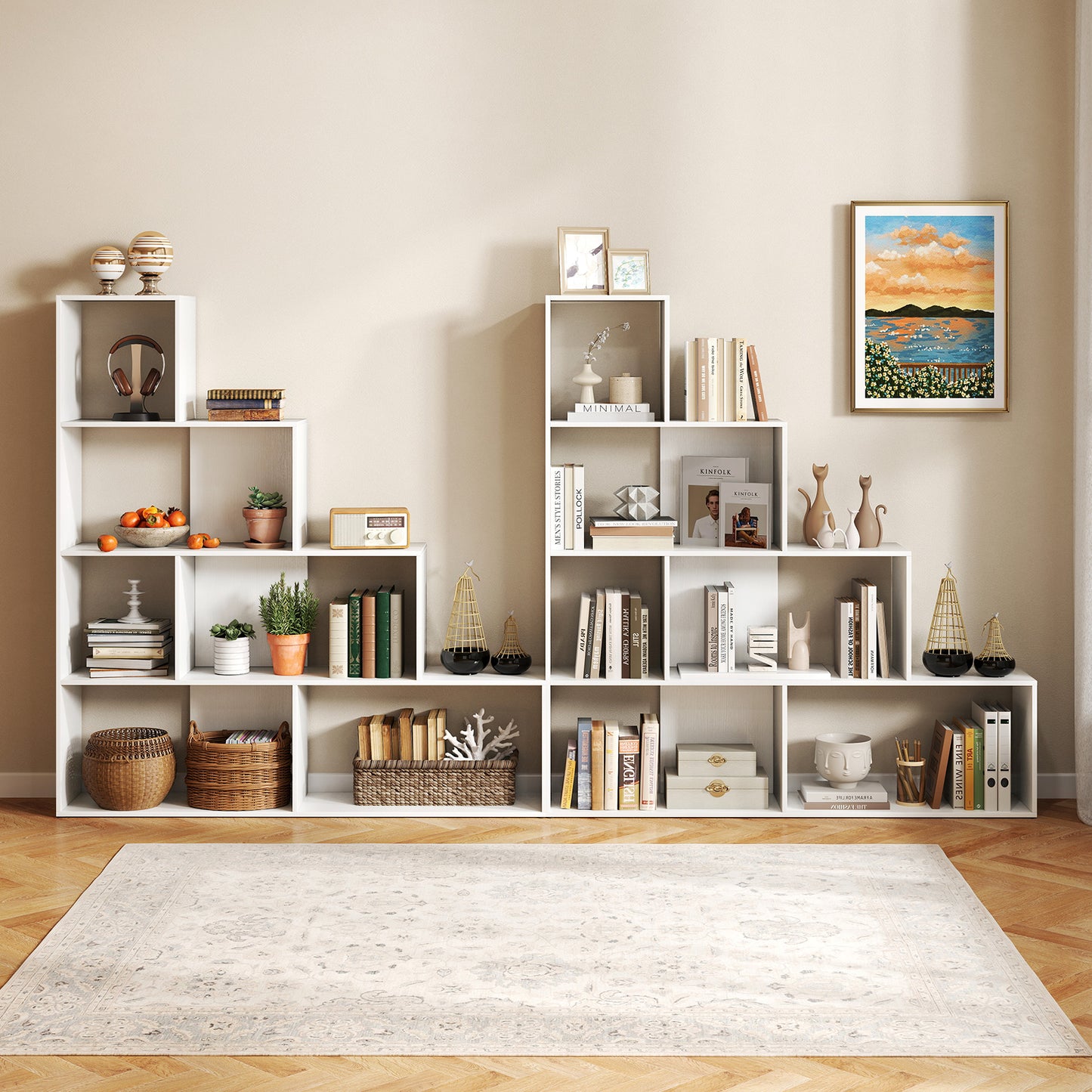 4-Tier Bookshelf, 6 Cube Display Rack, White