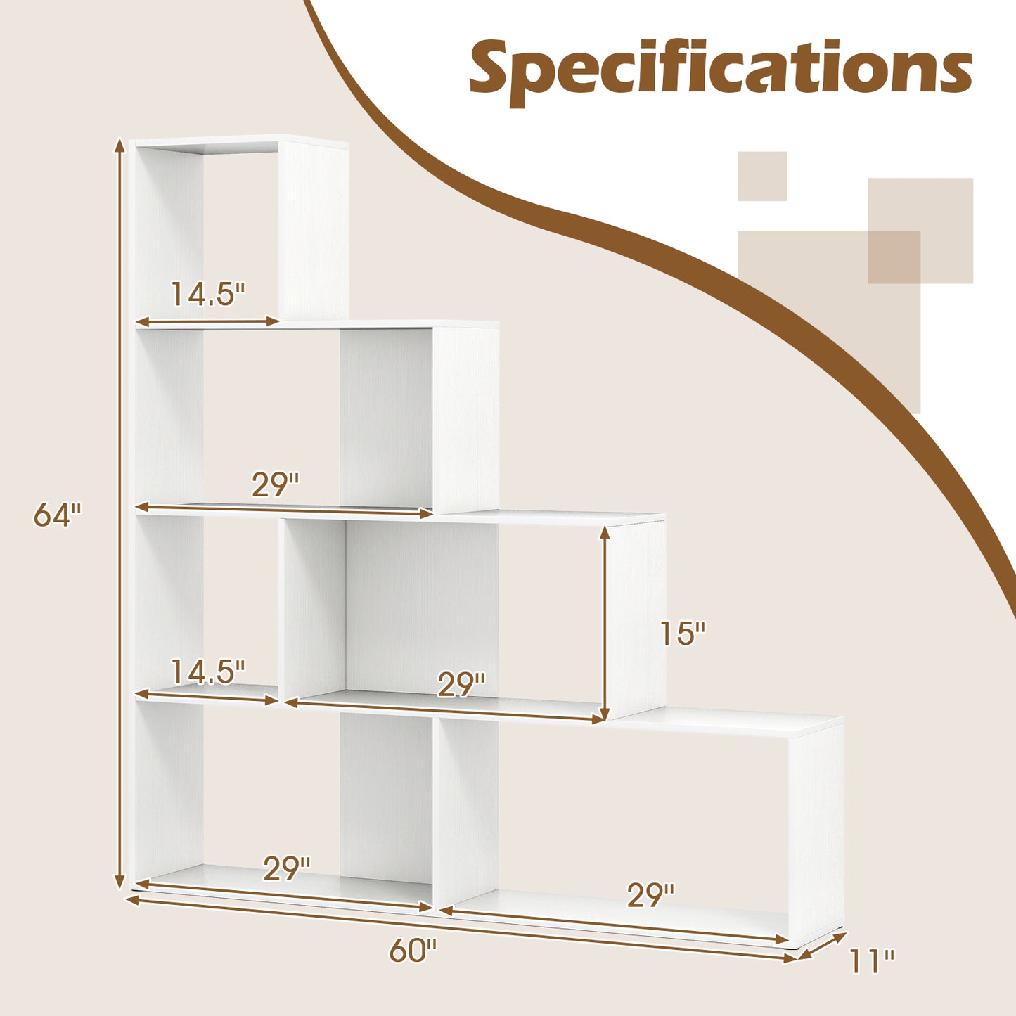 4-Tier Bookshelf, 6 Cube Display Rack, White