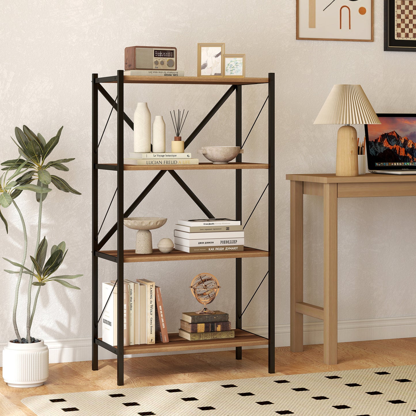 4-Tier Bookshelf with Heavy-Duty Metal Frame, Walnut Bookcases at Gallery Canada
