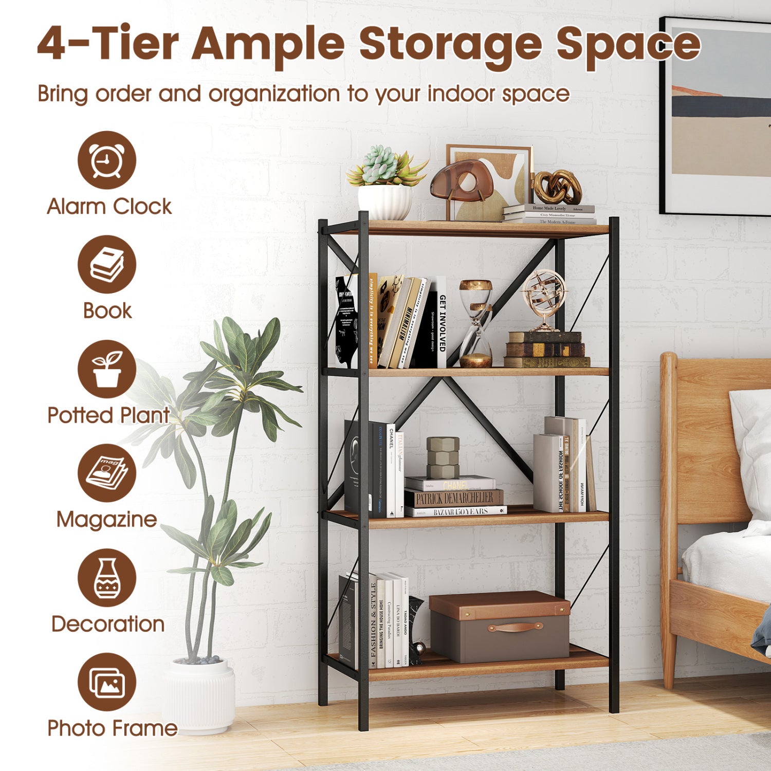 4-Tier Bookshelf with Heavy-Duty Metal Frame, Walnut Bookcases at Gallery Canada