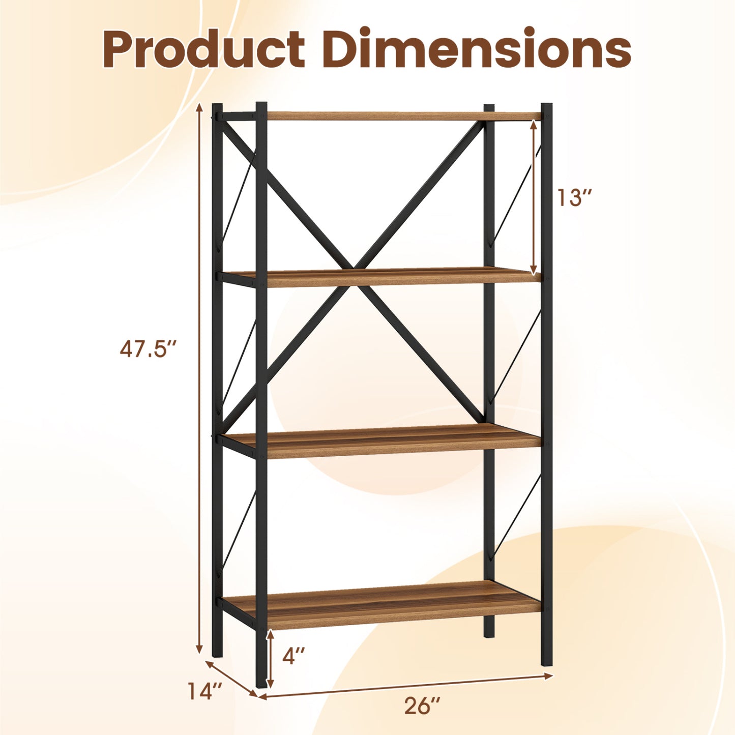 4-Tier Bookshelf with Heavy-Duty Metal Frame, Walnut Bookcases at Gallery Canada