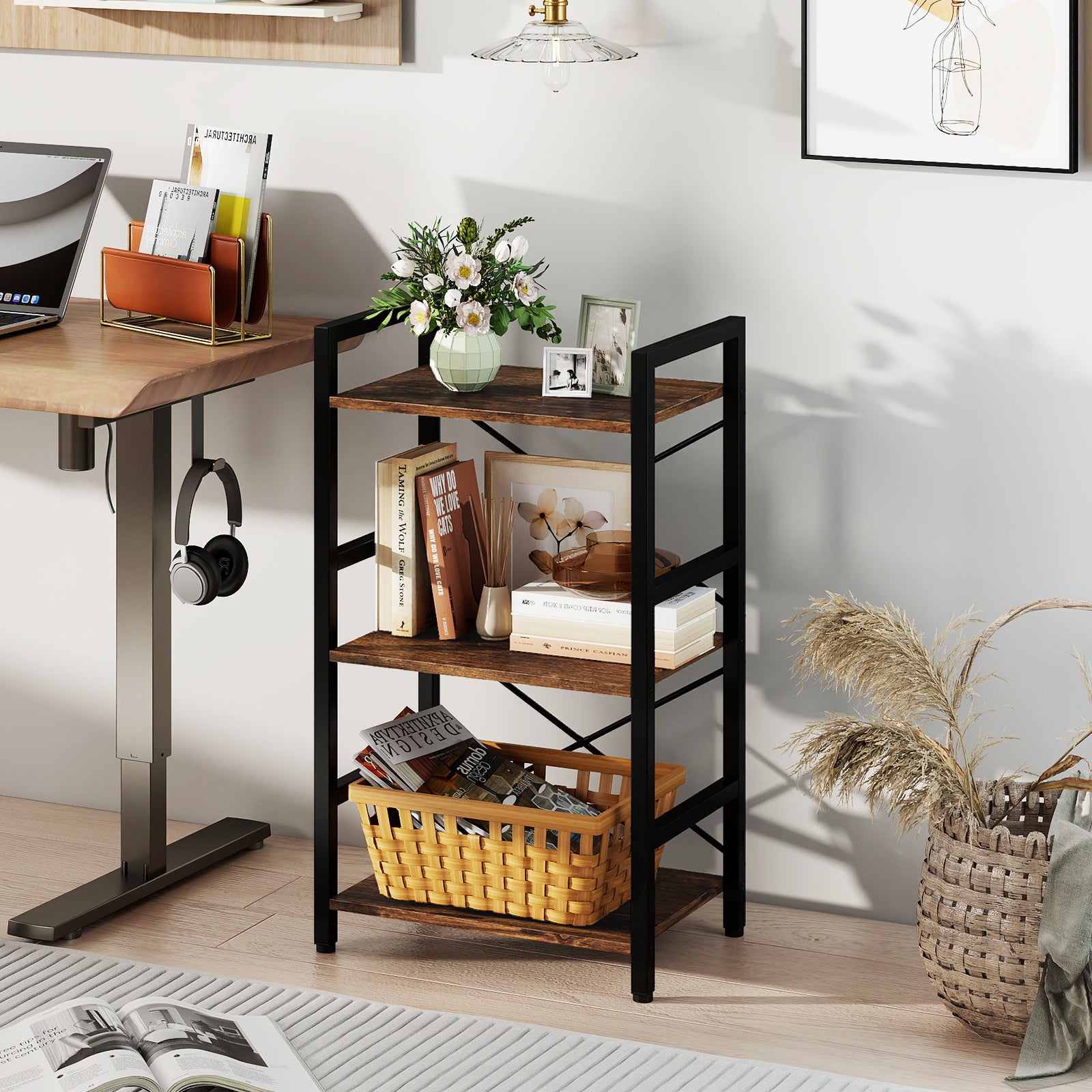 4-Tier Bookshelf, Metal Frame, Wooden Racks, Rustic Brown Bookcases at Gallery Canada